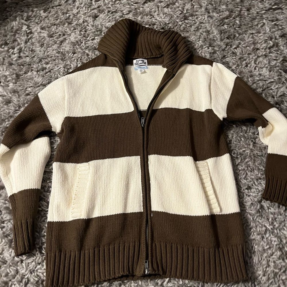 Future Collective Green & Cream Women’s Zip Shawl Collar Cardigan Size M